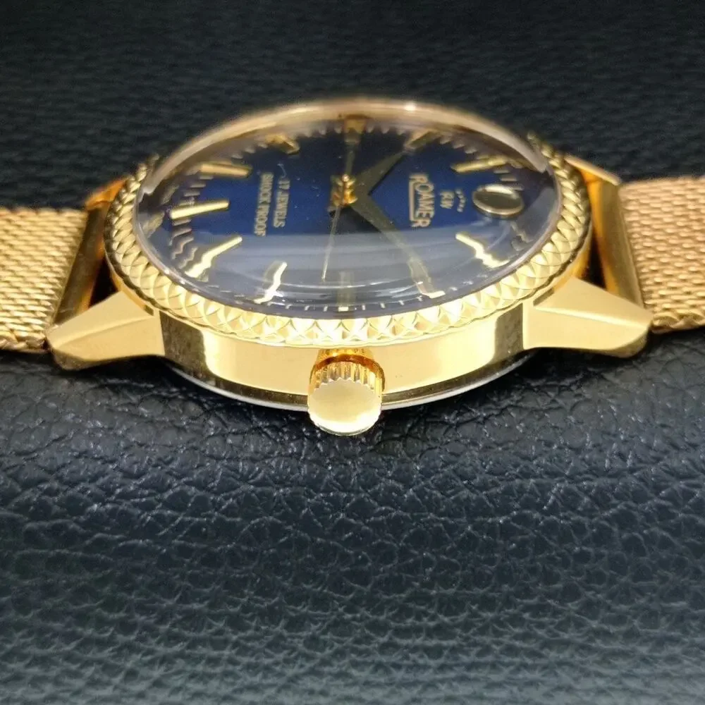 Vintage 1986 Roamer Manual Mens Gold Watch W/Metal Strap & Blue accents